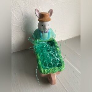 Ceramic Easter Bunny Rabbit Pushing Wheelbarrow